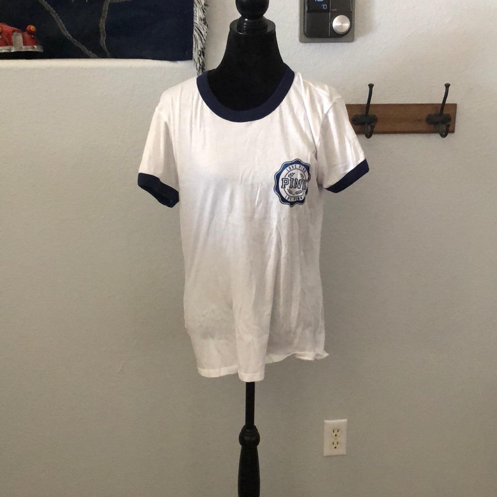 Blue and white PINK t-shirt with blue sequins